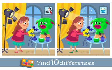 Find 10 hidden differences. Educational game for kids. Puzzle in cartoon style. Cute girl artist sculpts and paints monster mask for film. Vector illustration.