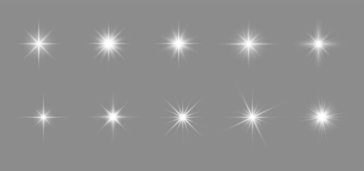 Set of sparkling stars.Glow effect. Christmas concept. Festive lights. PNG image - obrazy, fototapety, plakaty