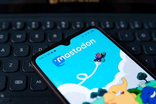 Barcelona, Spain - 07 November 2022: The Mastodon app on seen in the display of a mobile phone. It has been reported that more than 200.000 new users flocked the social media app
