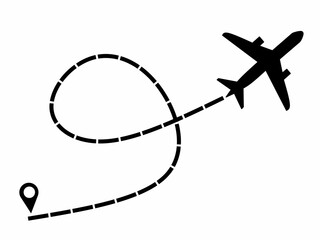 Airplane flight icon on dotted line from starting point. Airplane flight route. Stock vector design