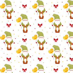 Seamless patterns with magic gnomes. Magical Christmas character, gnome with a beard, gnome with gifts, sweets, positive character