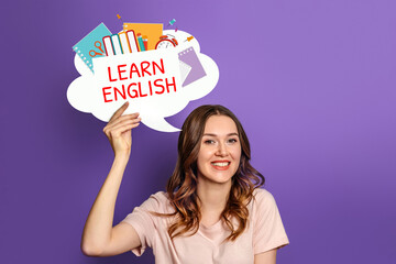 student girl holding speech bubble with text learn english and illustration isolated on lilac background - obrazy, fototapety, plakaty