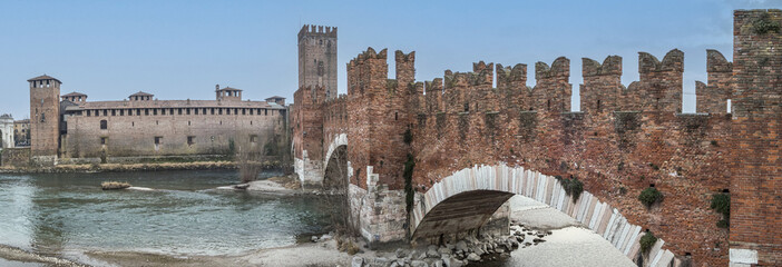 Extra wide angle view of The beautiful Castelvecchio and the bridge over the Adige in Verona