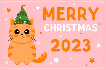 Cartoon postcard in flat style Merry Christmas 2023. Christmas banner with a cat. Chinese new year.