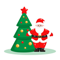 Cute Santa Claus and Christmas tree on isolated background. Character Santa Claus and the Christmas tree.