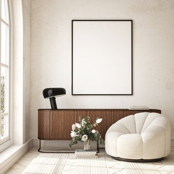mock up poster frame in modern interior background, interior space, living room, Contemporary style, 3D render, 3D illustration