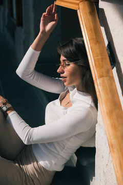 Photo of cheerful glad nice woman wear white blause and sunglass