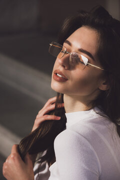 Photo of cheerful glad nice woman wear white blause and sunglass