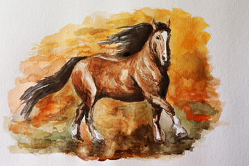Acrylic drawing of a galloping horse on an orange background, painted in a modern style. The horse's mane and tail are fluttering