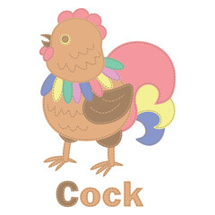 Patchwork vector drawing with a cock.  Applique with a cock. Cute vector cartoon cock. Children's card for shower, greeting, holiday and invitation. Vector children's patchwork illustration. For print