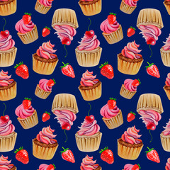 A pattern of cupcakes and strawberries on a blue background. Watercolor illustration. Pie. A delightful pattern.