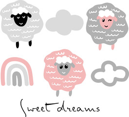 colorful seamless print with cute sheep, rainbow and clouds on pink, animals background, vector illustration