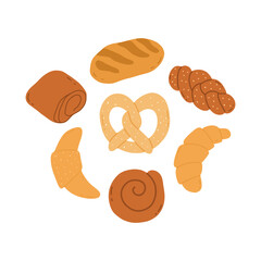 Hand draw bakery product. Baguette,bread,croissant.