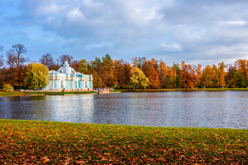 Grand pond with Grotto pavilion in autumn foliage in Catherine park, Pushkin, Saint Petersburg,...