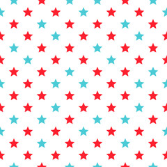 Holiday geometric background with red and blue stars. Christmas pattern. Vector. Xmas, New year seamless texture wrapping paper. Set festive textile prints.