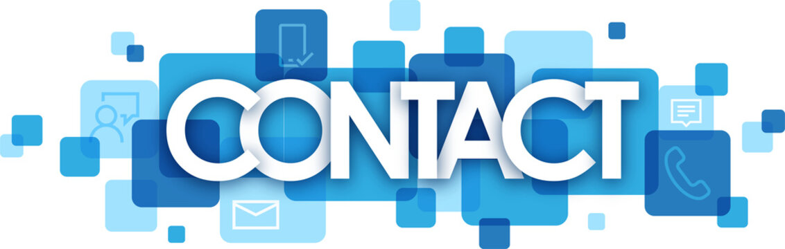 CONTACT typography banner with blue squares on transparent background