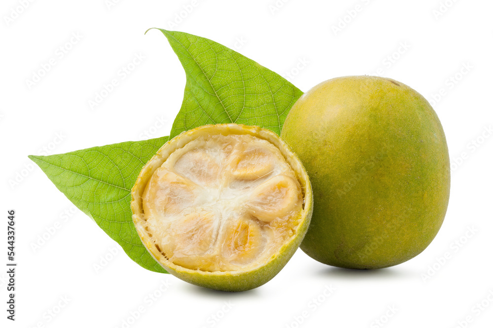 Wall mural fresh ripe fructus momordicae with leaves isolated on white background.