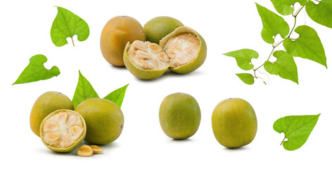 fresh ripe fructus momordicae with green leaves isolated on white.
