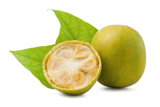 fresh ripe fructus momordicae with leaves isolated on white background.