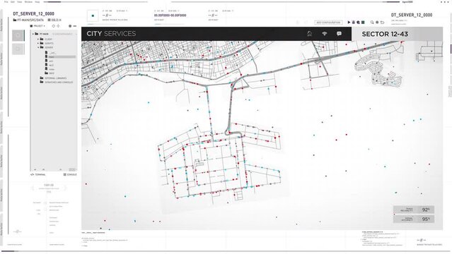 City Services Interface With GPS Tech Marking Positions Of Public Transport In Urban Sector. Futuristic GPS Tech. Interface For Vehicle Monitoring. Observing Cars Tracked By GPS Tech Interface