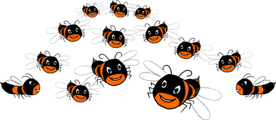 Cute friendly Black Orange bee. Cartoon happy flying bee with big kind eyes. Insect character. Vector isolated on white.