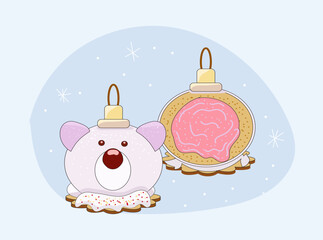 Christmas cake in form of Christmas ball polar bear. Isolated holiday design element for menu, cooking, baking, dessert, greeting card. Vector illustration. Concept image