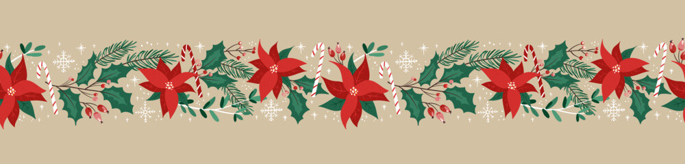 Lovely hand drawn seamless christmas pattern with branches and decoration, great for banners, wallpapers, cards, textiles - vector design - obrazy, fototapety, plakaty