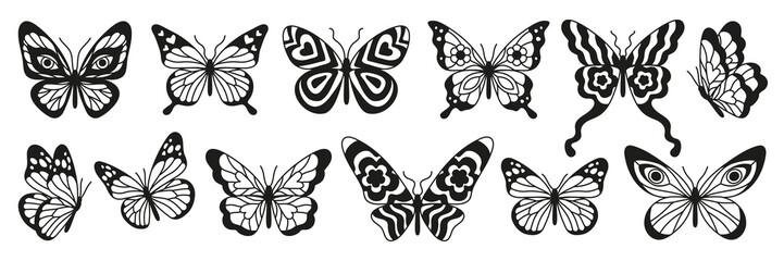 Obraz na płótnie Canvas Butterfly tattoo art stickers. Black sketches. Vector hand drawn illustration, butterfly silhoette in trendy retro 2000s style. Y2k aesthetic.