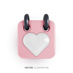 Realistic calendar icon with heart shape on it. Concept of reminder for Valentine's Day. 3d vector illustration on a white background