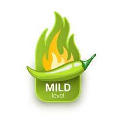 Green chili pepper pod and fire flame from behind. Mild hotness or spiciness level. Logo design for hot sauces or other spicy food