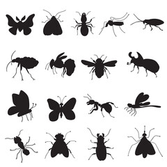 Silhouettes. Set of insects. Black color illustrations. Hand drawn graphic design.