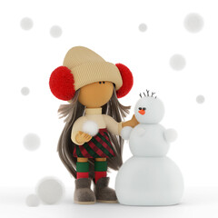 Cute blonde rag doll sculpts the Christmas snowman