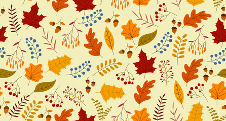 Fototapeta na wymiar Autumn seamless pattern with berry, plants, leaves, acorns. Charming autumn pattern. Seamless pattern on an autumn theme. Hand drawn. Vector illustration
