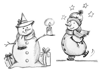 Coppia di pupazzi di neve, illustrazione  a grafite isolata su sfondo bianco