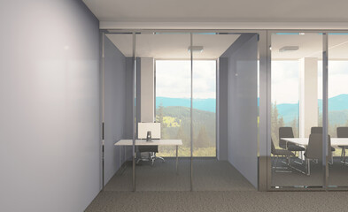Open space office interior with like conference room. Mockup. 3D rendering.