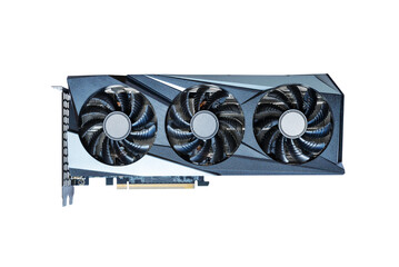 Isolated modern graphics card with three fans. Front side