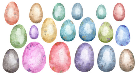 Watercolor set with colorful Easter eggs. Vintage red, yellow, green, blue, pink, violet holiday elements for creative design