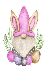 Watercolor arrangement with green Easter gnome, bunny ears, eggs and greenery. Delicate composition for holiday design