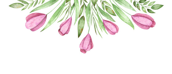 Obraz premium Watercolor arrangement with cute Easter tulips and greenery. Delicate composition for holiday design