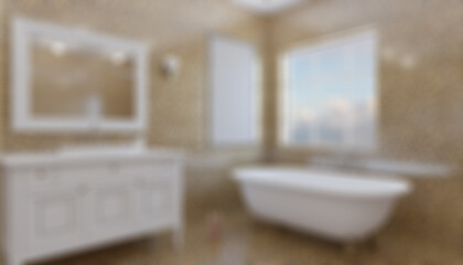 Bokeh blurred phototography. Clean and fresh bathroom with natural light. 3D rendering.. Empt