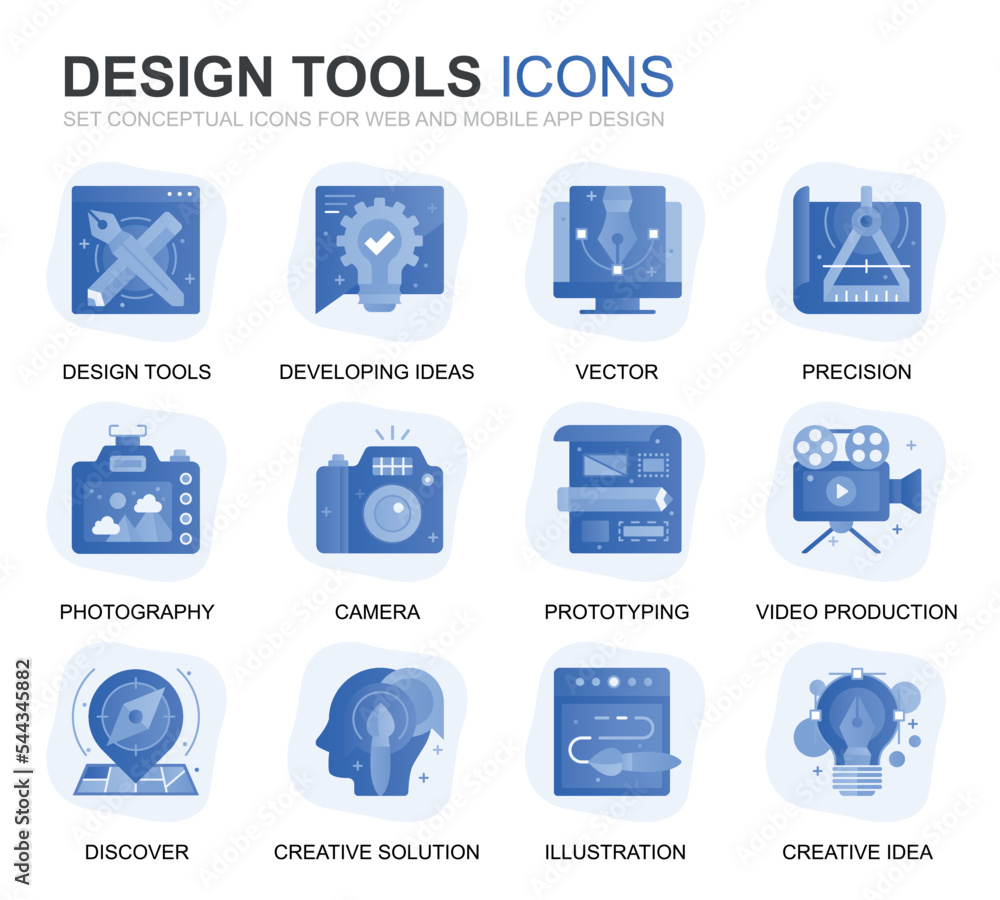Poster modern set design tools gradient flat icons for website and mobile apps. contains such icons as crea