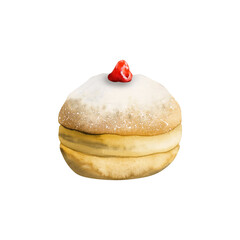 Hanukkah donut with jam on top. Hand drawn watercolor illustration, isolated on white background for Jewish holiday, party designs