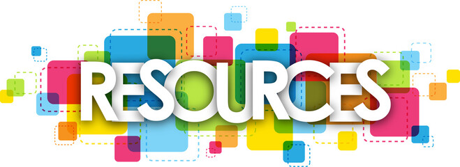 RESOURCES typography banner with colorful squares on transparent background