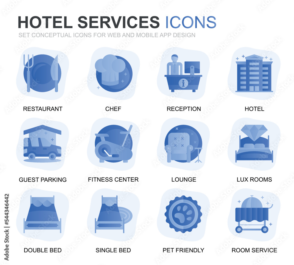 Aufkleber Modern Set Hotel Service Gradient Flat Icons for Website and Mobile Apps. Contains such Icons as Restaurant, Room Services, Reception. Conceptual color flat icon. Vector pictogram pack.