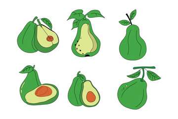 Set of doodle style avocado drawn with seed on a white background, full and half an avocado