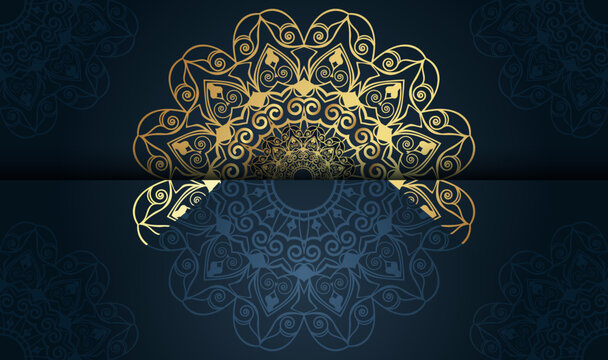 horizontal vertical decorative creative art style colorful gradient blue color with golden colors arabic Islamic mandala wallpaper background design vector template