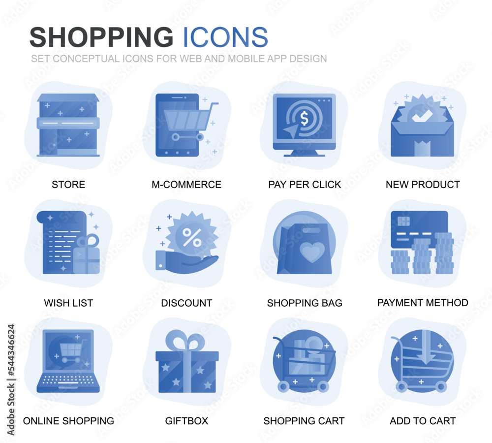 Aufkleber modern set shopping and e-commerce gradient flat icons for website and mobile apps. contains such ic