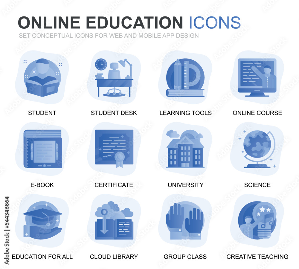 Poster Modern Set Education and Knowledge Gradient Flat Icons for Website and Mobile Apps. Contains such Icons as Online Course, University, Studying, Book. Conceptual color flat icon. Vector pictogram pack.