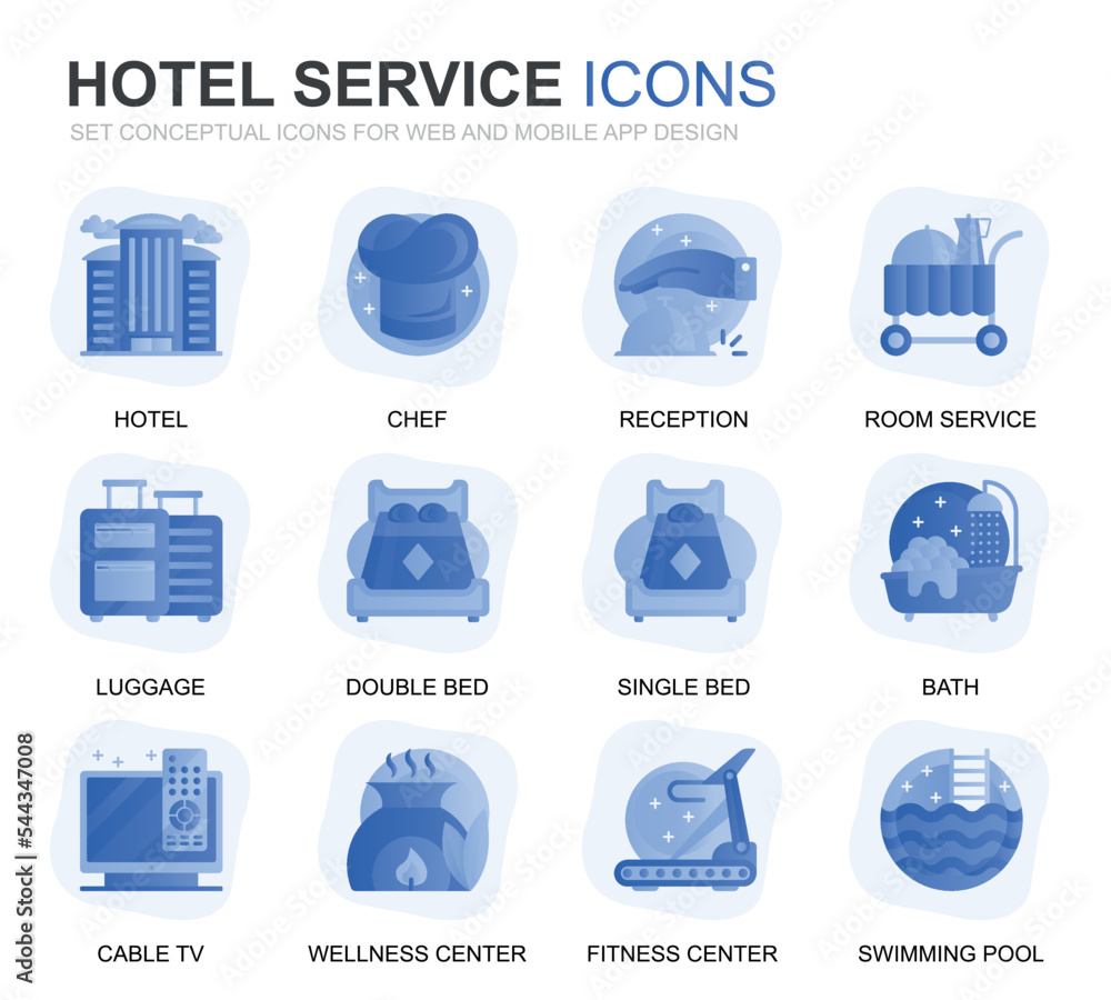 Poster modern set hotel services gradient flat icons for website and mobile apps. contains such icons as lu