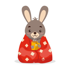 Cute hare (rabbit) wrapped in a blanket with hot tea. Vector graphic.